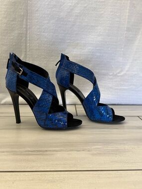 Derek Lam Blue Snake-Print Crisscross High Heel Sandals